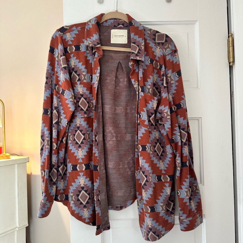 Lucky Brand Women's Plaid Knit Boyfriend Button Up Shirt